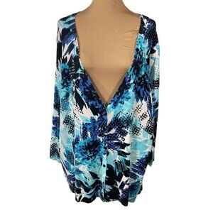 Avenue Women's Cardigan Sweater Blue Bold Print V-Neck Size 22/24